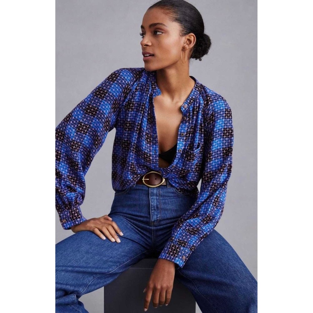 Anthropologie PILCRO Embroidered Plaid Buttondown Blue Pink Plaid Pocket X-Small